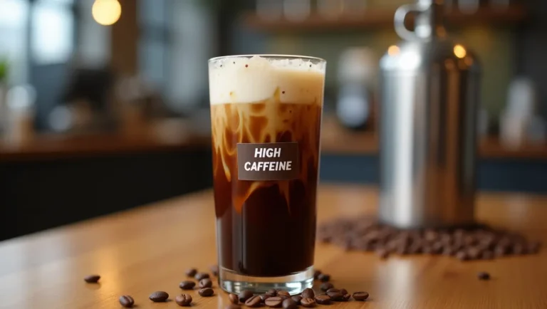 Glass of nitro coffee with creamy foam and visible nitrogen bubbles, placed on a wooden table with coffee beans
