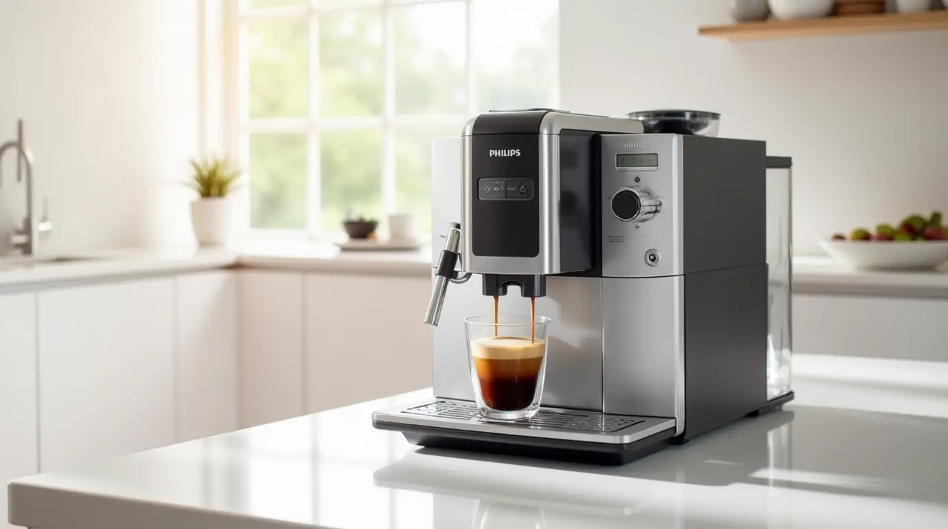 Sleek Philips 5400 fully automatic coffee machine brewing espresso in a modern kitchen.