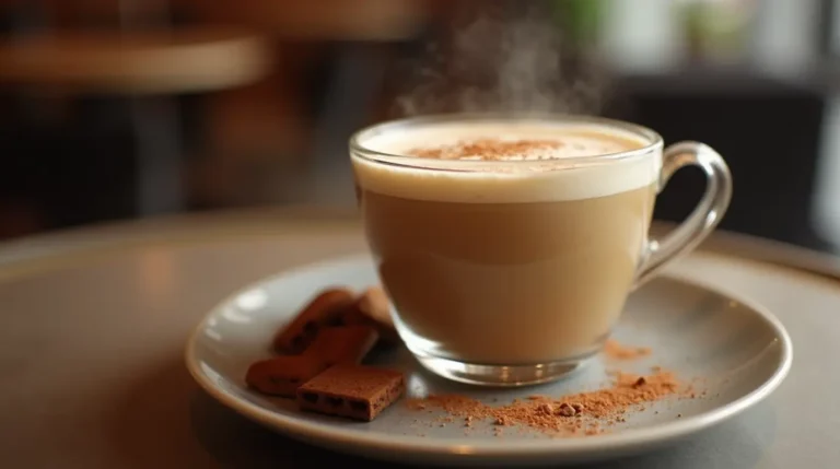A creamy and rich breve latte in a clear glass cup with a smooth layer of steamed half-and-half and a delicate foam top