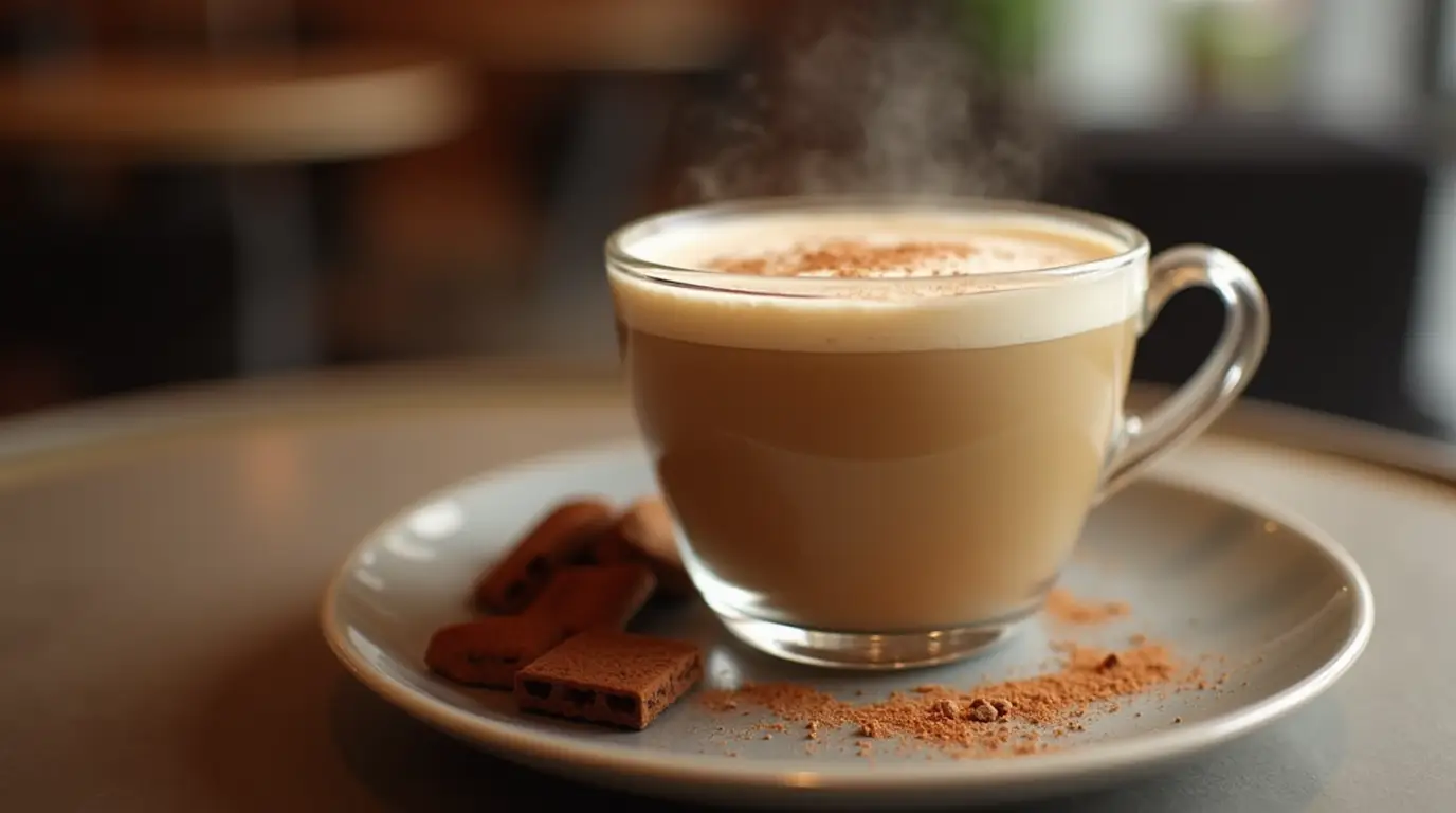 A creamy and rich breve latte in a clear glass cup with a smooth layer of steamed half-and-half and a delicate foam top