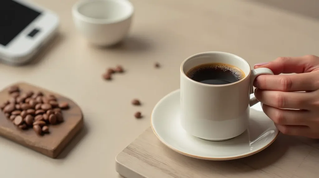 A cup of black coffee on a kitchen counter with coffee beans and a measuring tape symbolizing the coffee diet and weight loss