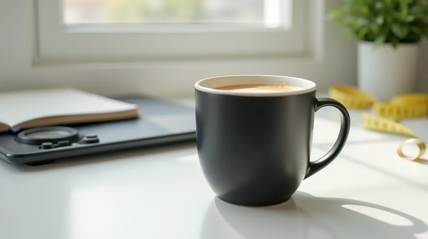A cup of black coffee on a kitchen counter with coffee beans and a measuring tape symbolizing the coffee diet and weight loss