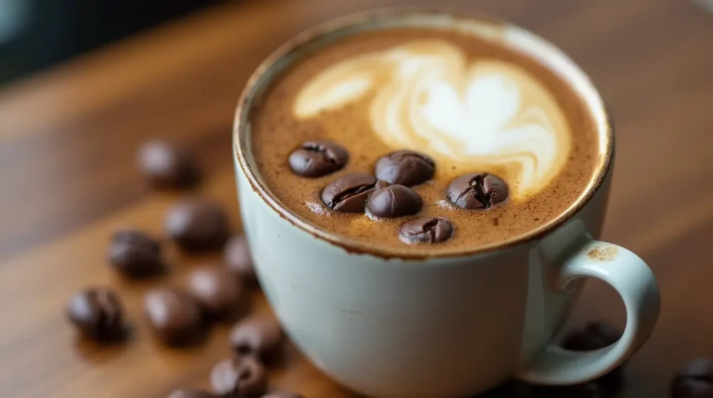 A cup of black coffee on a kitchen counter with coffee beans and a measuring tape symbolizing the coffee diet and weight loss