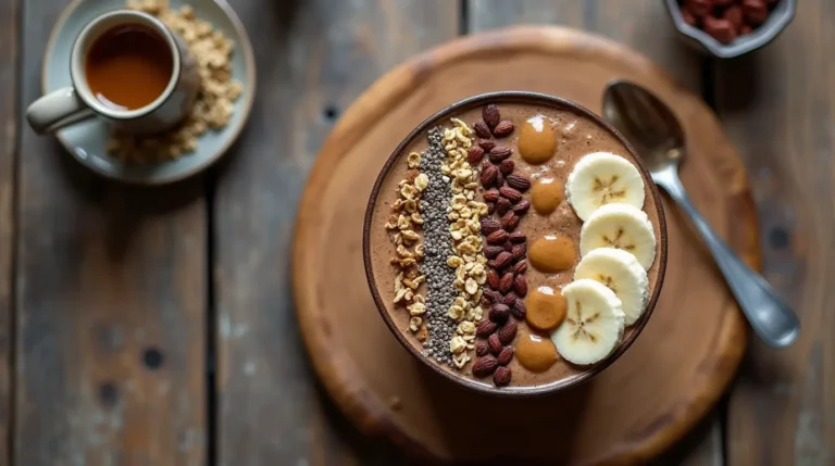 Top-down view of a thick coffee smoothie bowl topped with granola, banana slices, chia seeds, and cacao nibs