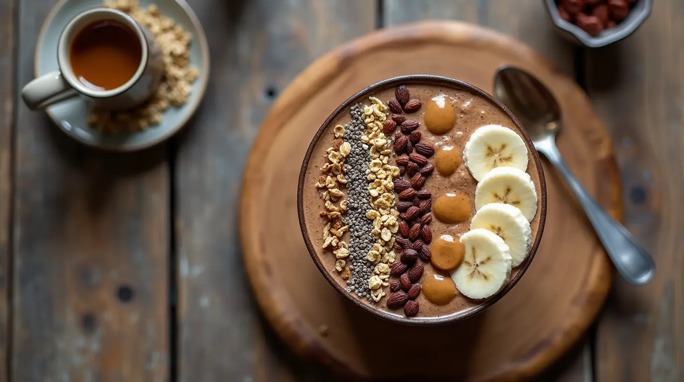 Top-down view of a thick coffee smoothie bowl topped with granola, banana slices, chia seeds, and cacao nibs