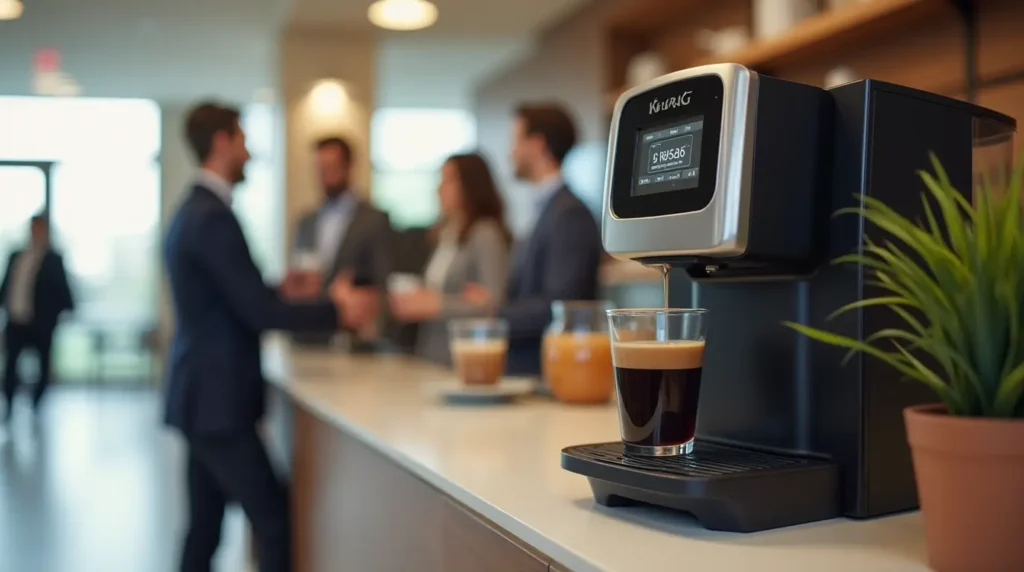 Modern Keurig commercial coffee maker in a busy office breakroom, with users enjoying freshly brewed coffee.
