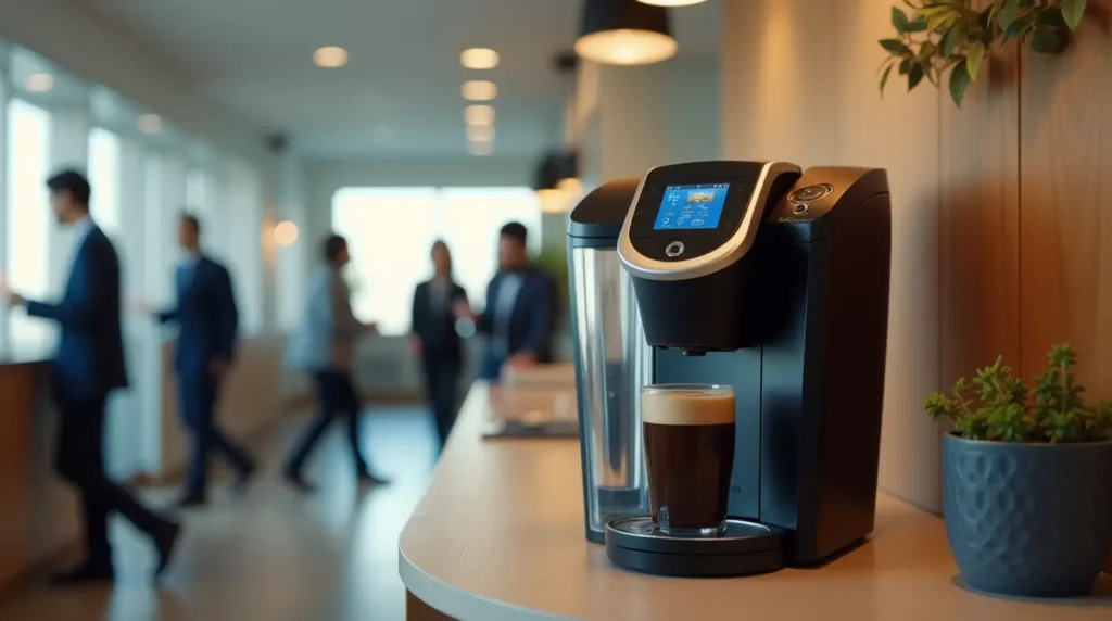 Modern Keurig commercial coffee maker in a busy office breakroom, with users enjoying freshly brewed coffee.
