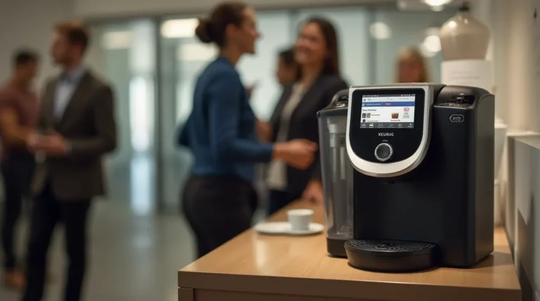 Modern Keurig commercial coffee maker in a busy office breakroom, with users enjoying freshly brewed coffee.