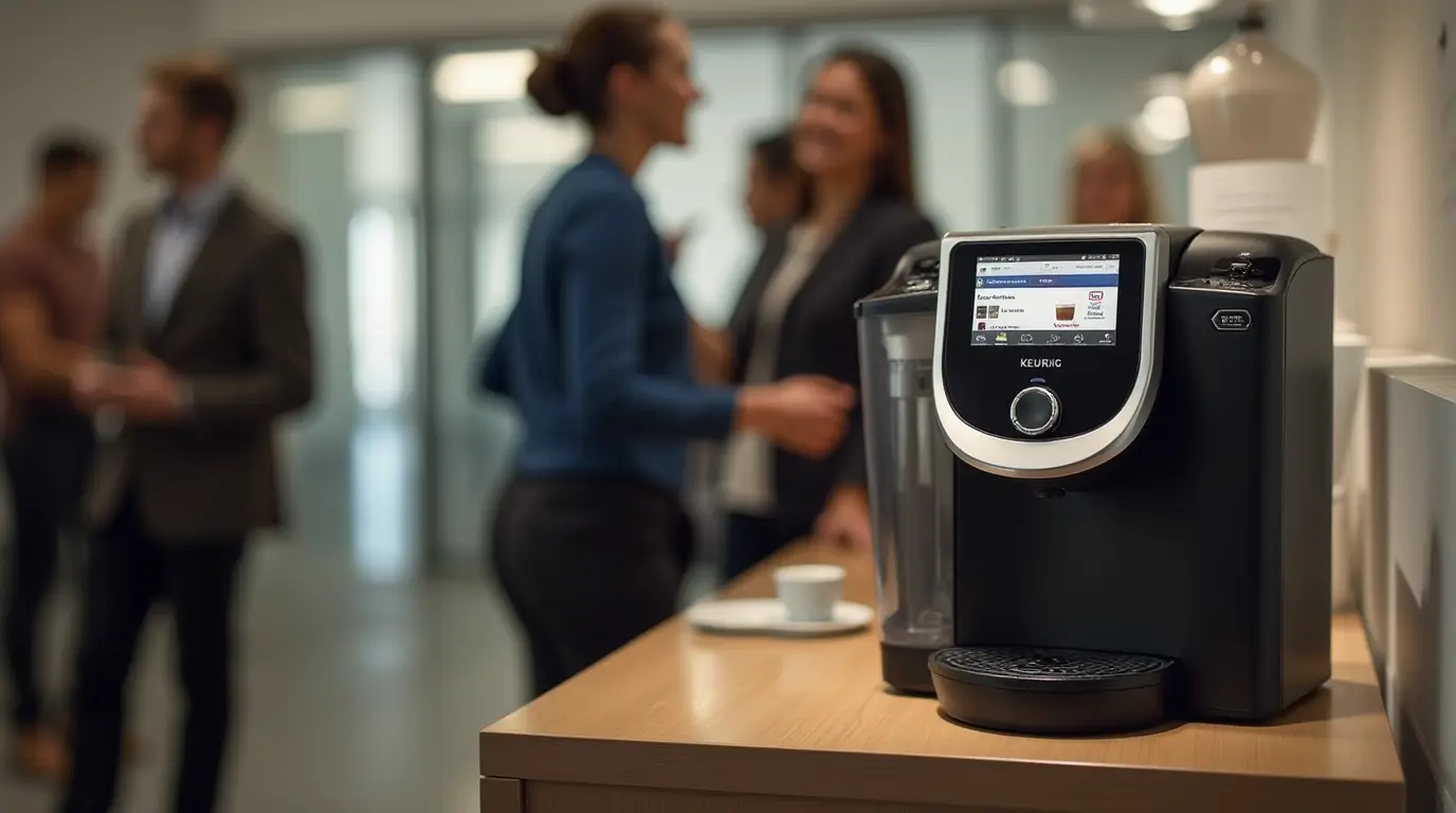 Modern Keurig commercial coffee maker in a busy office breakroom, with users enjoying freshly brewed coffee.