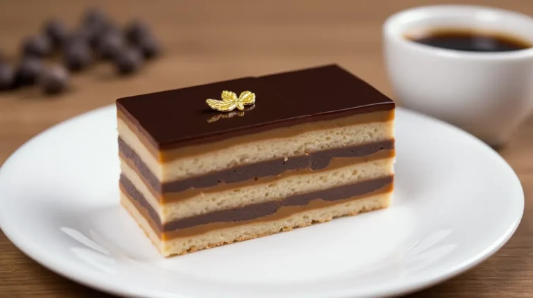 A slice of classic opera cake layered with coffee-soaked sponge, ganache, and buttercream, topped with a glossy chocolate glaze.