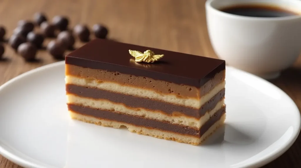 A slice of classic opera cake layered with coffee-soaked sponge, ganache, and buttercream, topped with a glossy chocolate glaze.

