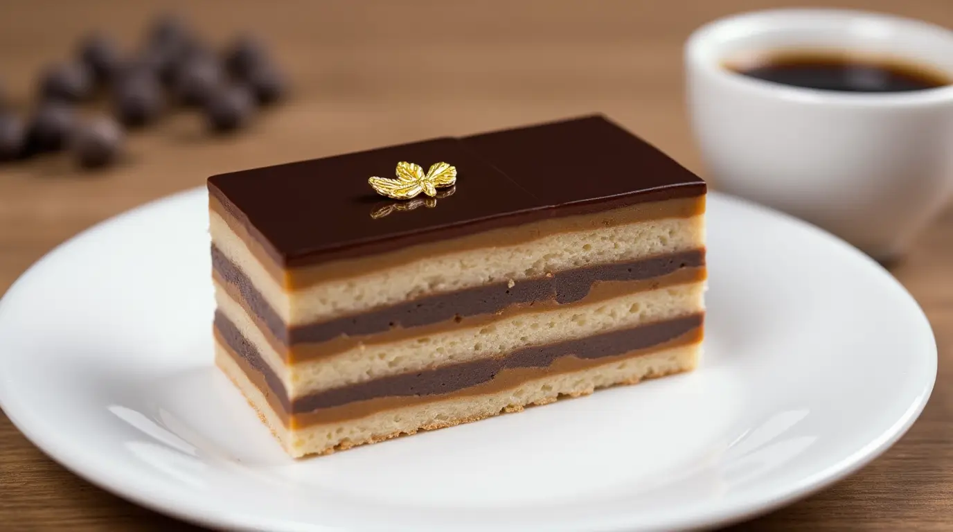 A slice of classic opera cake layered with coffee-soaked sponge, ganache, and buttercream, topped with a glossy chocolate glaze.