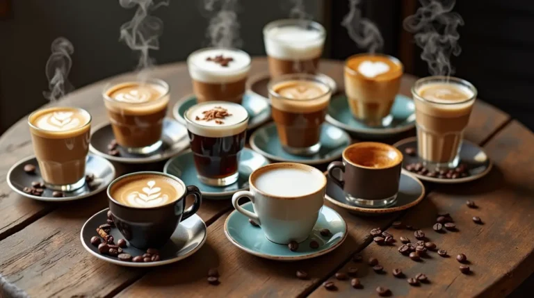 Flat lay of various types of coffee drinks including cappuccino, latte, cold brew, and international coffee variations arranged on a wooden table.