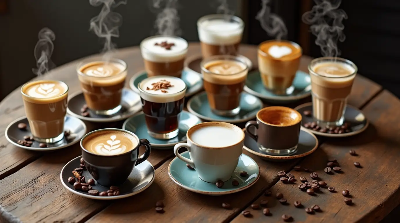 Flat lay of various types of coffee drinks including cappuccino, latte, cold brew, and international coffee variations arranged on a wooden table.