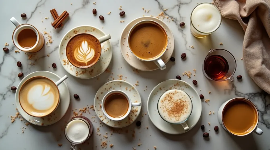 Flat lay of various types of coffee drinks including cappuccino, latte, cold brew, and international coffee variations arranged on a wooden table.