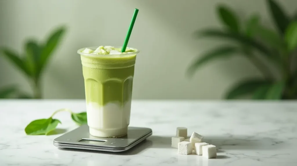 Starbucks Matcha Latte calories shown with an iced matcha latte, sugar cubes, and a kitchen scale on a marble surface