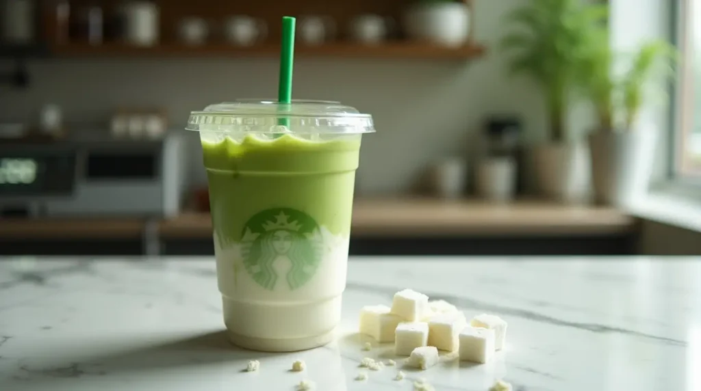 Starbucks Matcha Latte calories shown with an iced matcha latte, sugar cubes, and a kitchen scale on a marble surface