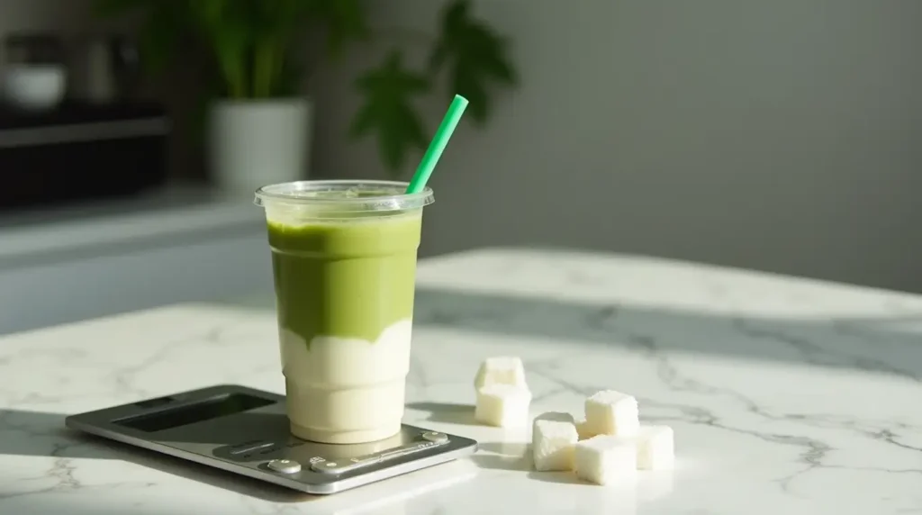 Starbucks Matcha Latte calories shown with an iced matcha latte, sugar cubes, and a kitchen scale on a marble surface