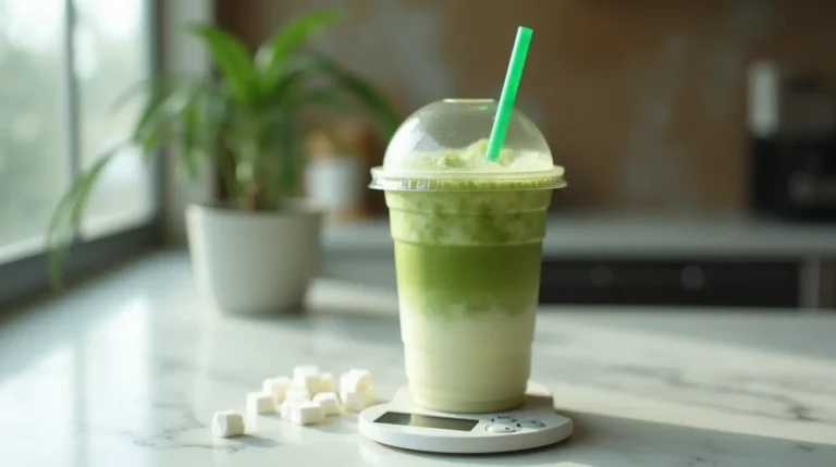 Starbucks Matcha Latte calories shown with an iced matcha latte, sugar cubes, and a kitchen scale on a marble surface