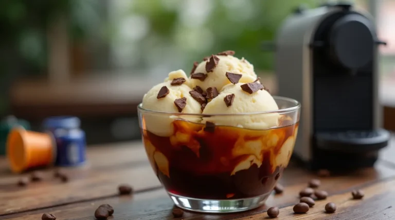 Affogato Bowls Nespresso featuring creamy vanilla ice cream and freshly brewed espresso, garnished with chocolate shavings on a wooden table.
