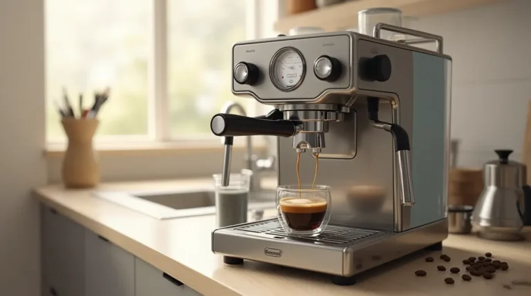 Breville Barista Pro espresso machine with stainless steel finish on kitchen counter brewing espresso