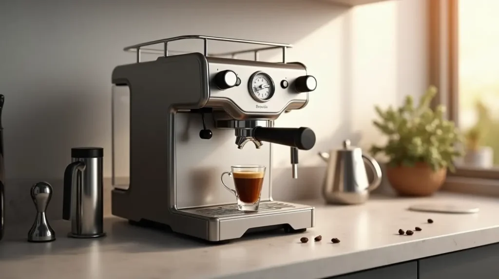 Breville Barista Pro espresso machine with stainless steel finish on kitchen counter brewing espresso