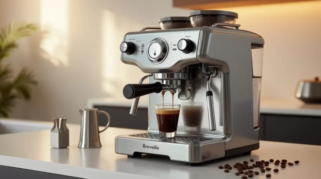 Breville Barista Pro espresso machine with stainless steel finish on kitchen counter brewing espresso