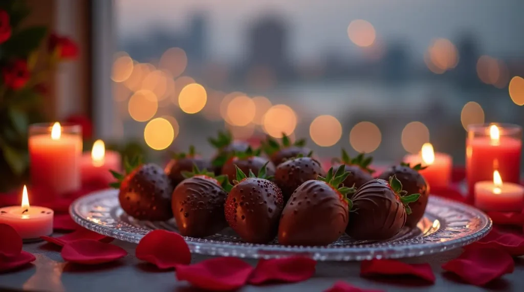 Romantic Dubai chocolate strawberries on a glass platter surrounded by candles and rose petals.