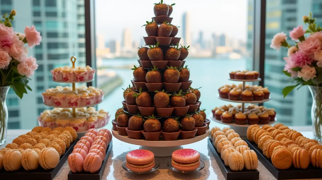 Luxury dessert table with a tower of Dubai chocolate strawberries, assorted macarons, cupcakes, and skyline view.