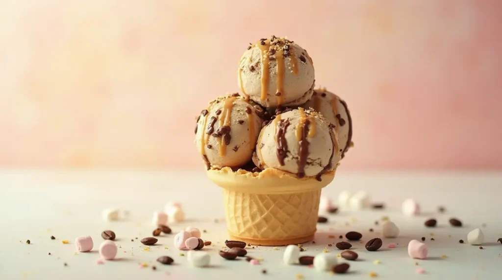 Creamy scoop of coffee ice cream in a bowl topped with coffee beans and chocolate shavings