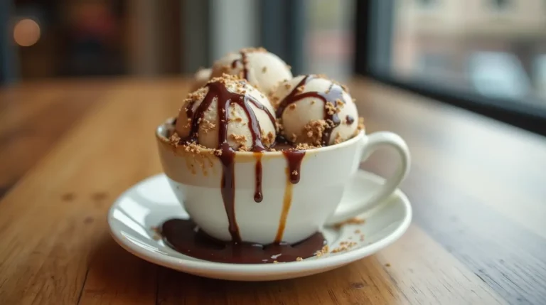 Creamy scoop of coffee ice cream in a bowl topped with coffee beans and chocolate shavings