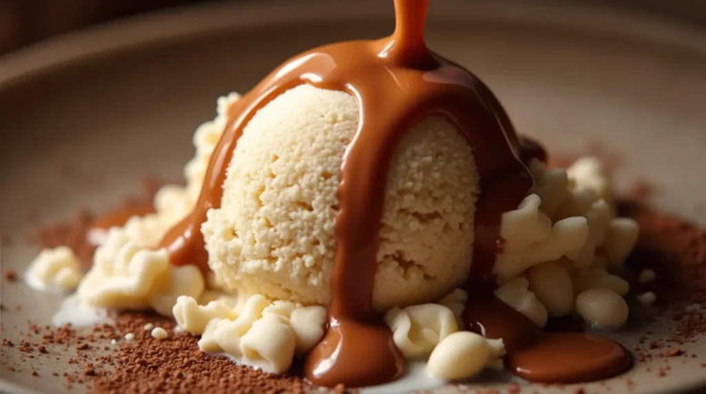 Creamy scoop of coffee ice cream in a bowl topped with coffee beans and chocolate shavings