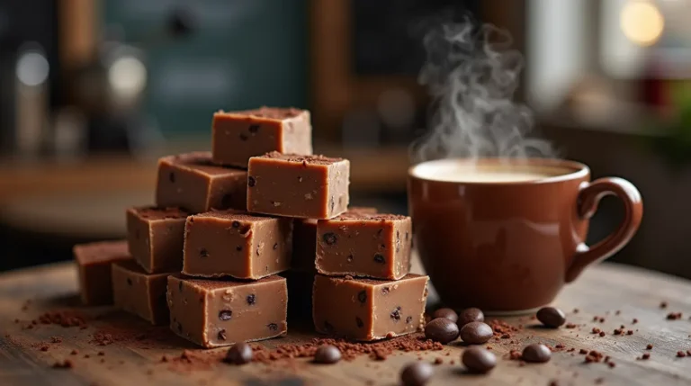 Delicious squares of coffee shop fudge with espresso powder and coffee beans on a rustic wooden board.
