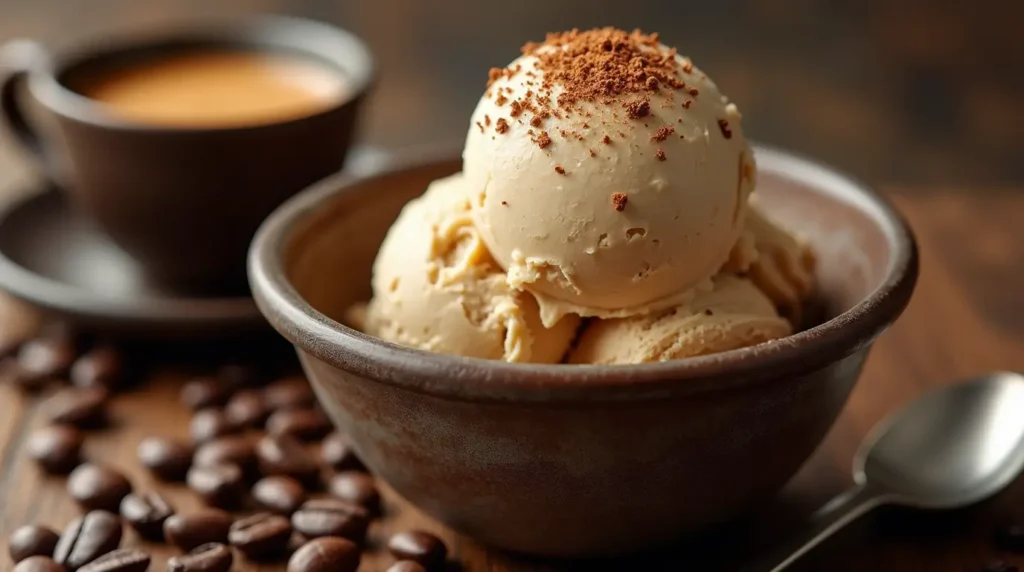 Creamy scoop of coffee ice cream in a bowl topped with coffee beans and chocolate shavings