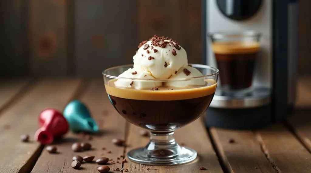 Affogato Bowls Nespresso featuring creamy vanilla ice cream and freshly brewed espresso, garnished with chocolate shavings on a wooden table.