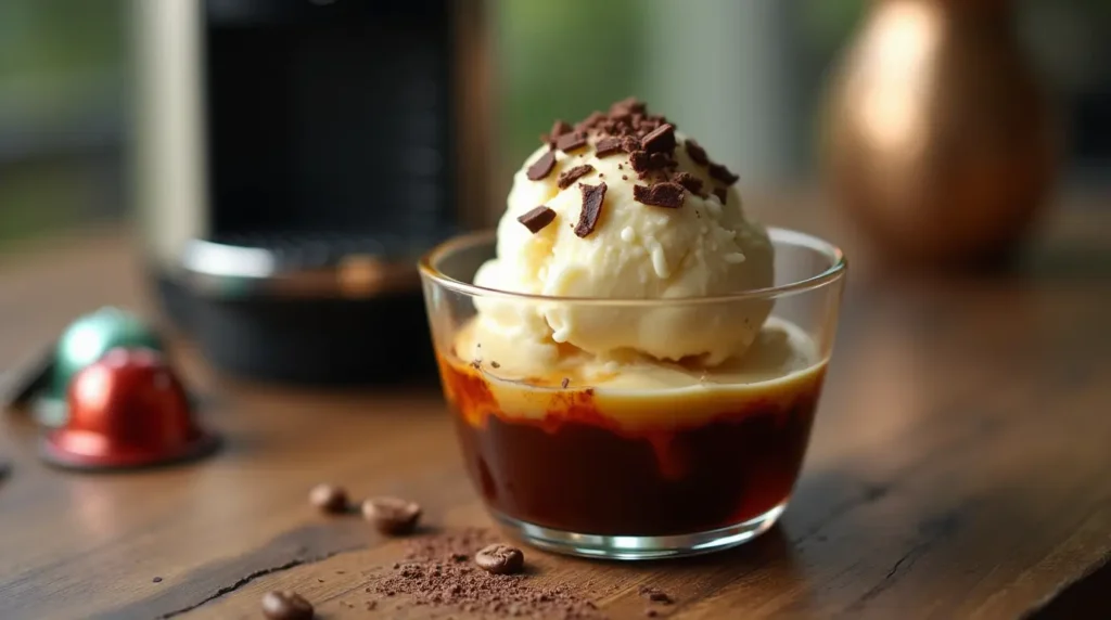 Affogato Bowls Nespresso featuring creamy vanilla ice cream and freshly brewed espresso, garnished with chocolate shavings on a wooden table.