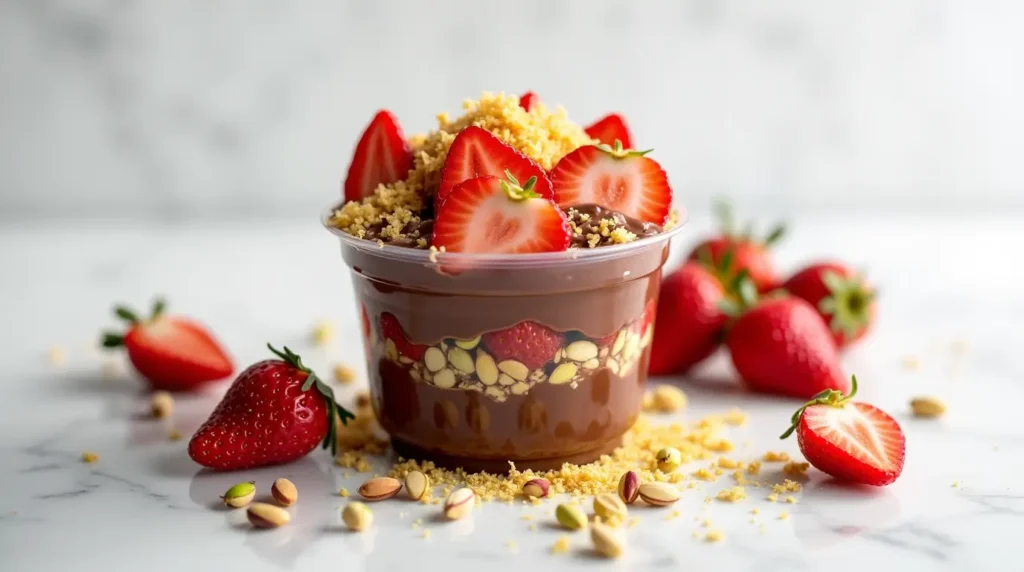Layered dessert jar with sliced strawberries, crushed pistachios, and rich chocolate spread on a wooden surface.