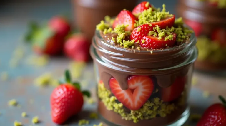 Dubai chocolate strawberries in a dessert cup layered with melted chocolate, fresh strawberries, almonds, and biscuit crumble