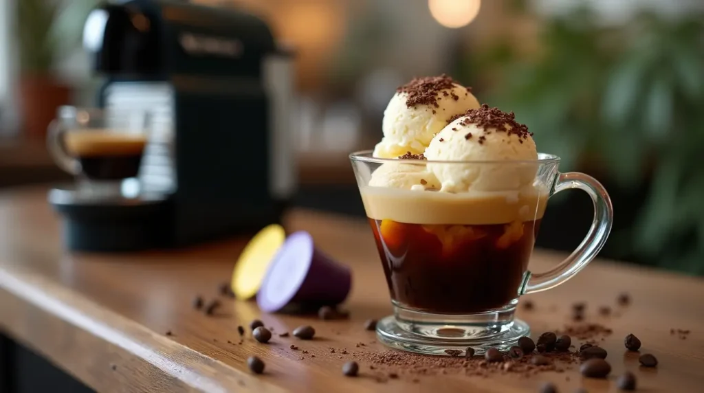 Affogato Bowls Nespresso featuring creamy vanilla ice cream and freshly brewed espresso, garnished with chocolate shavings on a wooden table.