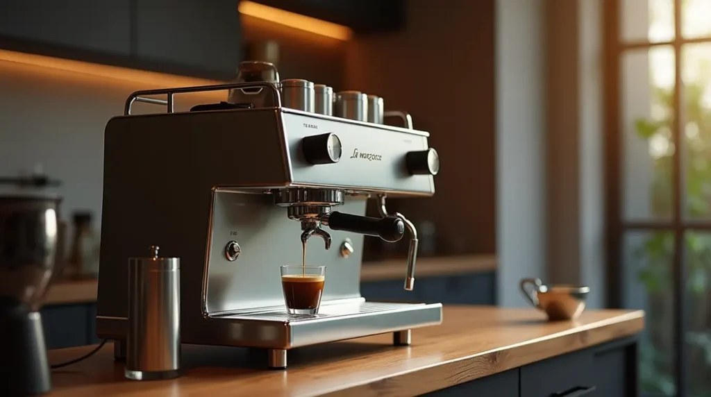 Espresso machine La Marzocco with a fresh espresso shot on a modern kitchen countertop