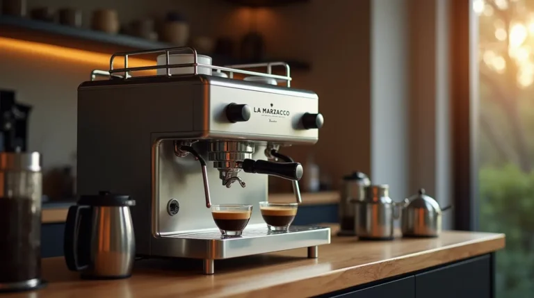 Espresso machine La Marzocco with a fresh espresso shot on a modern kitchen countertop
