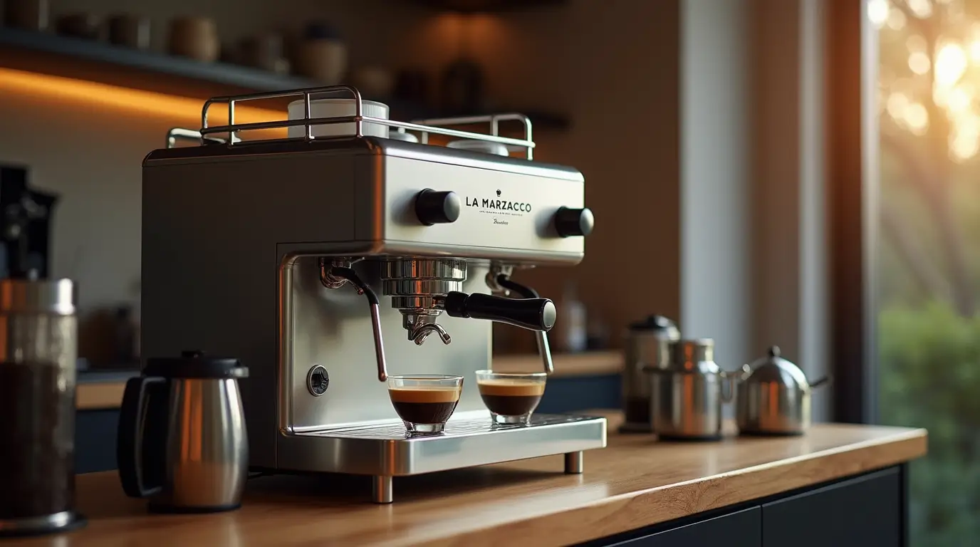 Espresso machine La Marzocco with a fresh espresso shot on a modern kitchen countertop