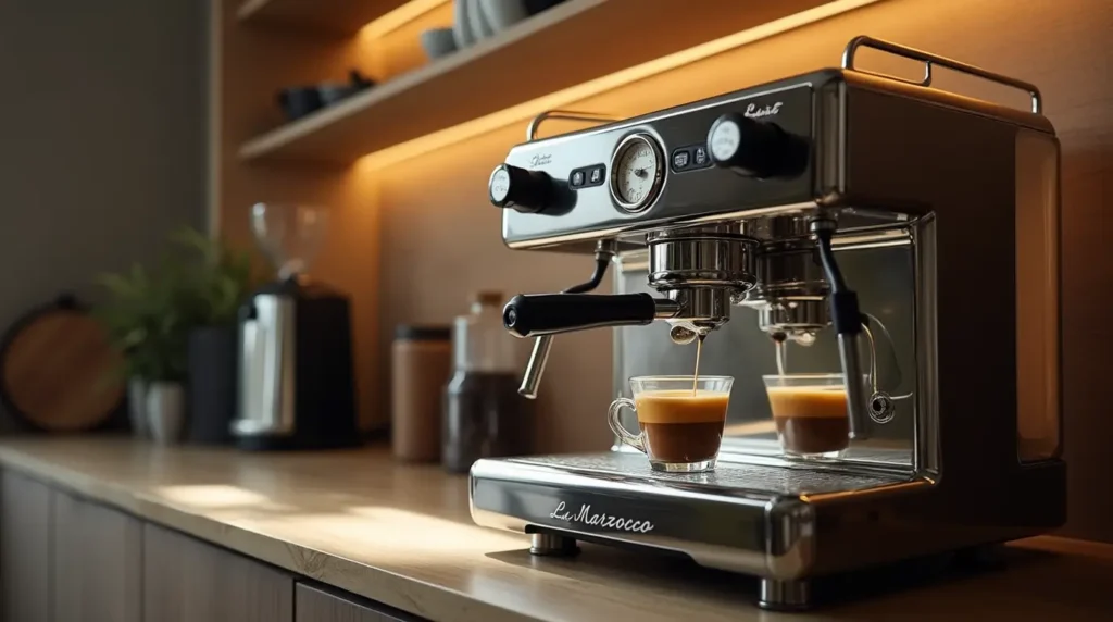Espresso machine La Marzocco with a fresh espresso shot on a modern kitchen countertop