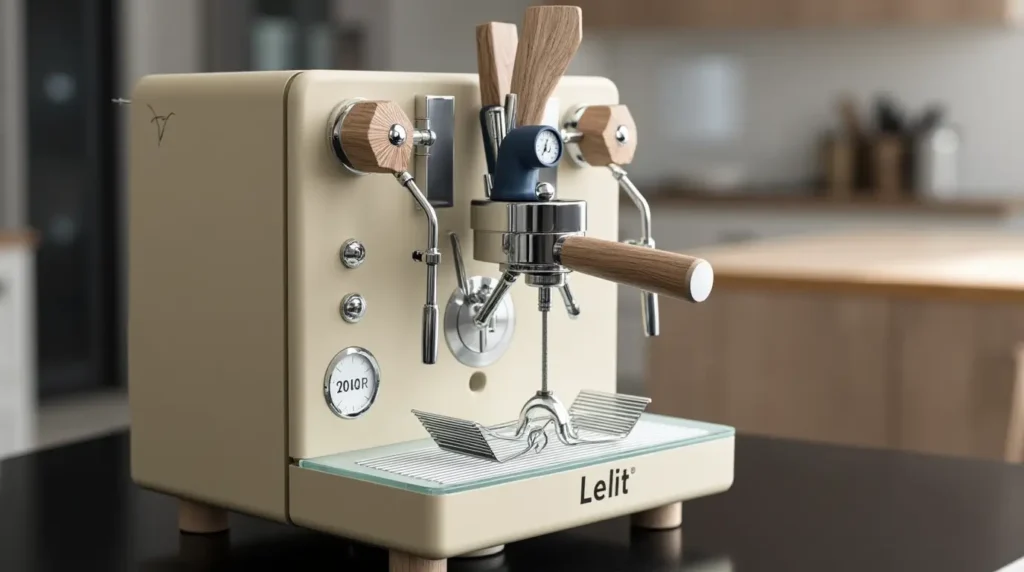 Lelit Bianca espresso machine on kitchen counter with stainless steel finish and steam wand