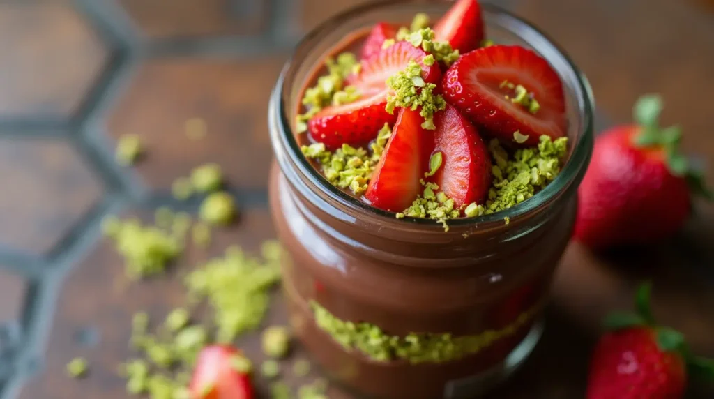 Chocolate dessert jar with sliced strawberries and crushed pistachios, topped with chocolate ganache and fresh fruit