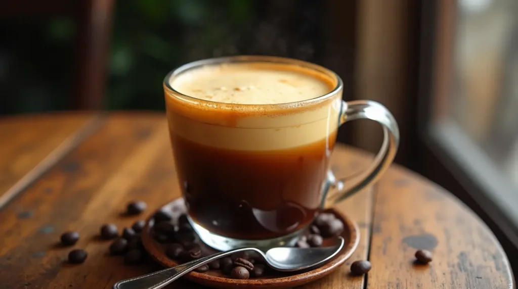 Vietnamese Egg Coffee in a clear glass cup showing rich dark coffee topped with creamy golden egg foam on a wooden table


