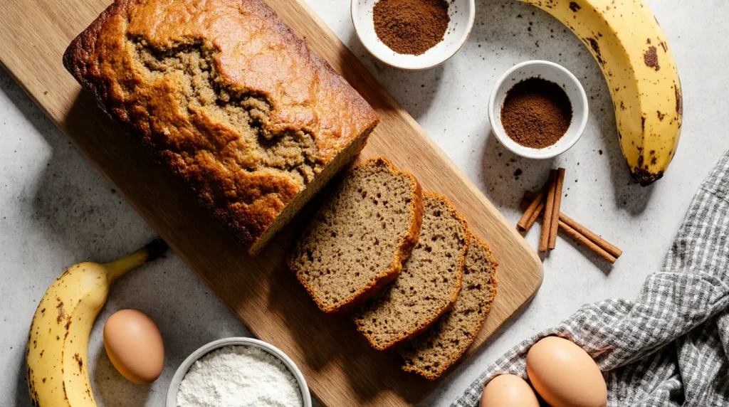 Moist coffee banana bread loaf sliced on a wooden board with coffee beans and a cup of cappuccino nearby

