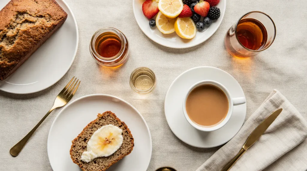 Moist coffee banana bread loaf sliced on a wooden board with coffee beans and a cup of cappuccino nearby

