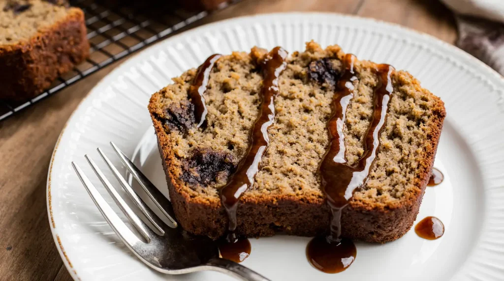 Moist coffee banana bread loaf sliced on a wooden board with coffee beans and a cup of cappuccino nearby

