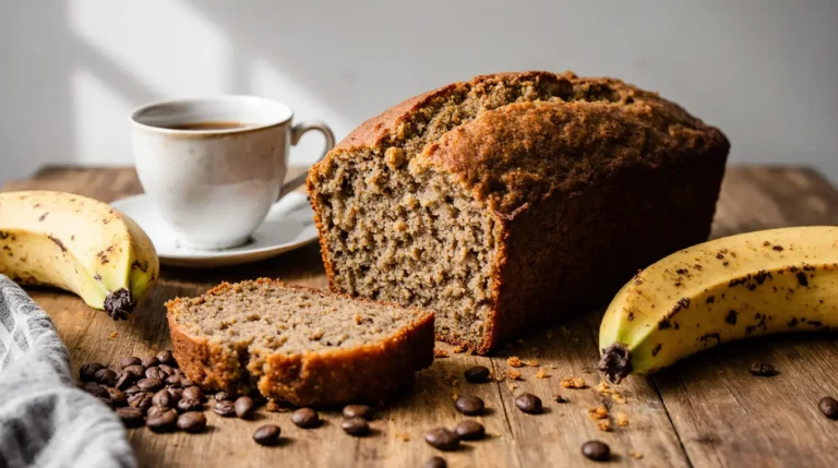 Moist coffee banana bread loaf sliced on a wooden board with coffee beans and a cup of cappuccino nearby
